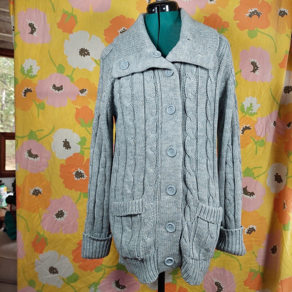 Vintage 70s Sears Gray Cable Knit Cardigan Sweater Button Front Small